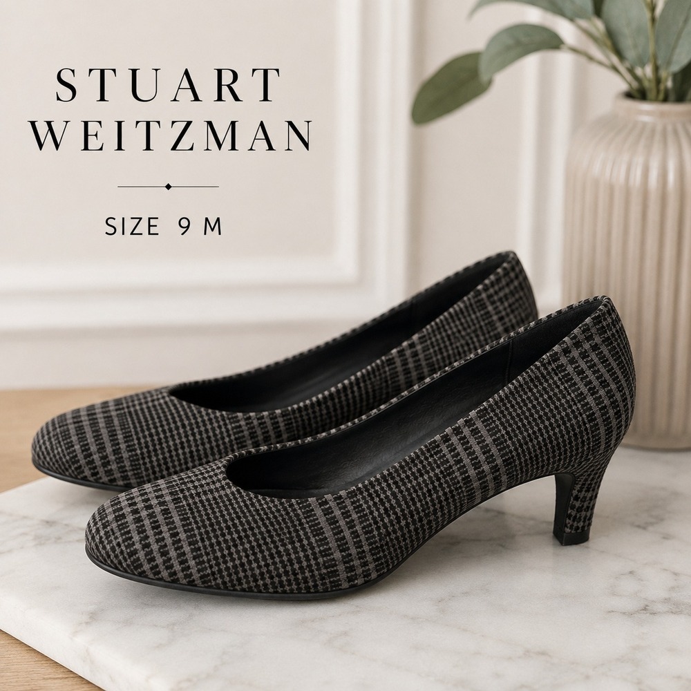 Stuart Weitzman Pumps Women 9M Grey Houndstooth Kitten Heel Pointed Toe Classic